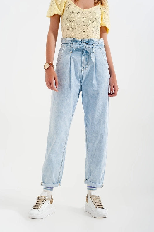 Tapered Leg Jeans With Paper Bag Waist In Light Vintage Wash-Jeans-Q2-XL-Light Denim-Urbanheer