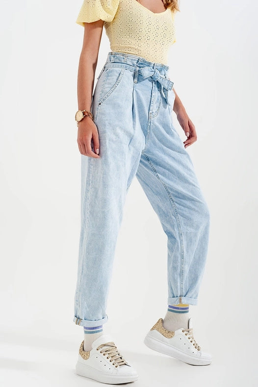 Tapered Leg Jeans With Paper Bag Waist In Light Vintage Wash-Jeans-Q2-XL-Light Denim-Urbanheer