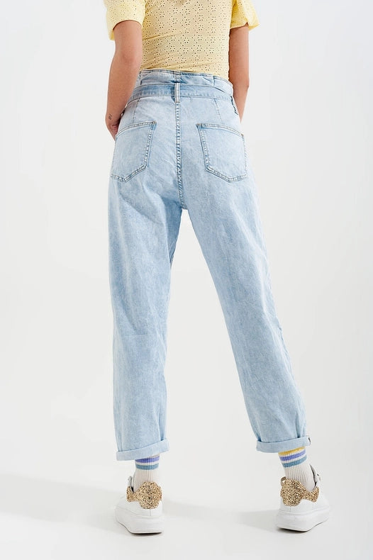 Tapered Leg Jeans With Paper Bag Waist In Light Vintage Wash-Jeans-Q2-XL-Light Denim-Urbanheer