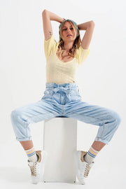 Tapered Leg Jeans With Paper Bag Waist In Light Vintage Wash-Jeans-Q2-XL-Light Denim-Urbanheer