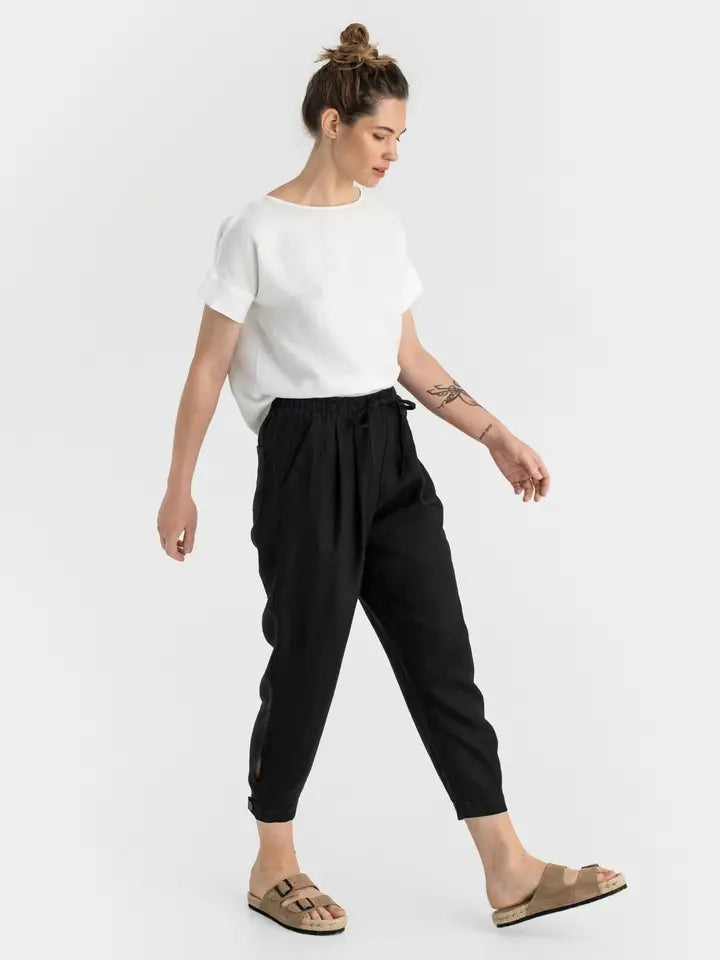 Tapered Linen Pants Montauk in Black-Pants-MagicLinen-XS-Black-Urbanheer