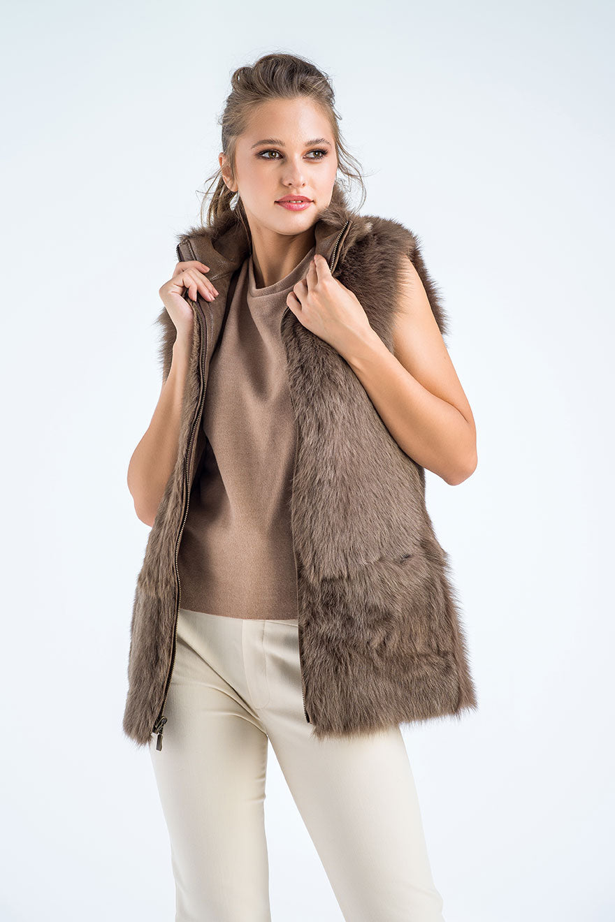 Taupe Geniune Reversible Sheepskin Fur Vest-Fur Vests & Gilets-Buy Me Fur Ltd-Taupe-S-Genuine Tuscan Lambskin Fur-Urbanheer