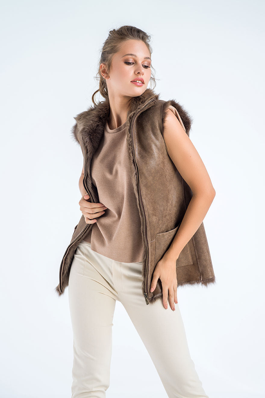 Taupe Geniune Reversible Sheepskin Fur Vest-Fur Vests & Gilets-Buy Me Fur Ltd-Taupe-S-Genuine Tuscan Lambskin Fur-Urbanheer