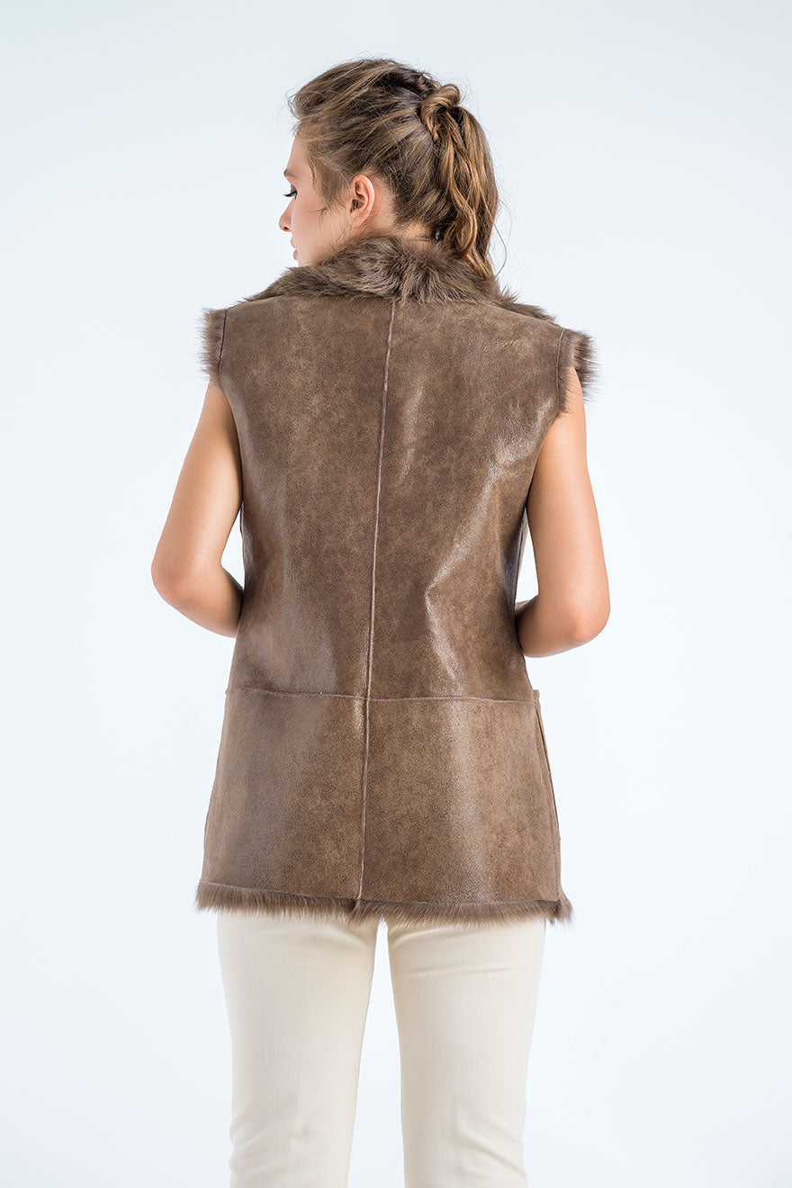 Taupe Geniune Reversible Sheepskin Fur Vest-Fur Vests & Gilets-Buy Me Fur Ltd-Taupe-S-Genuine Tuscan Lambskin Fur-Urbanheer