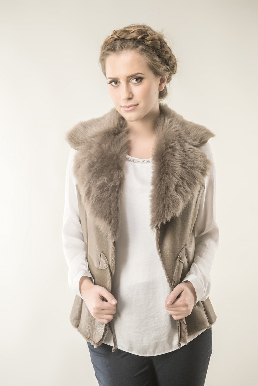 Taupe Merino Fur Nappa Lamb Leather Vest-Leather Vests & Gilets-Buy Me Fur Ltd-Taupe-S-Genuine Merino Sheepskin Leather-Urbanheer