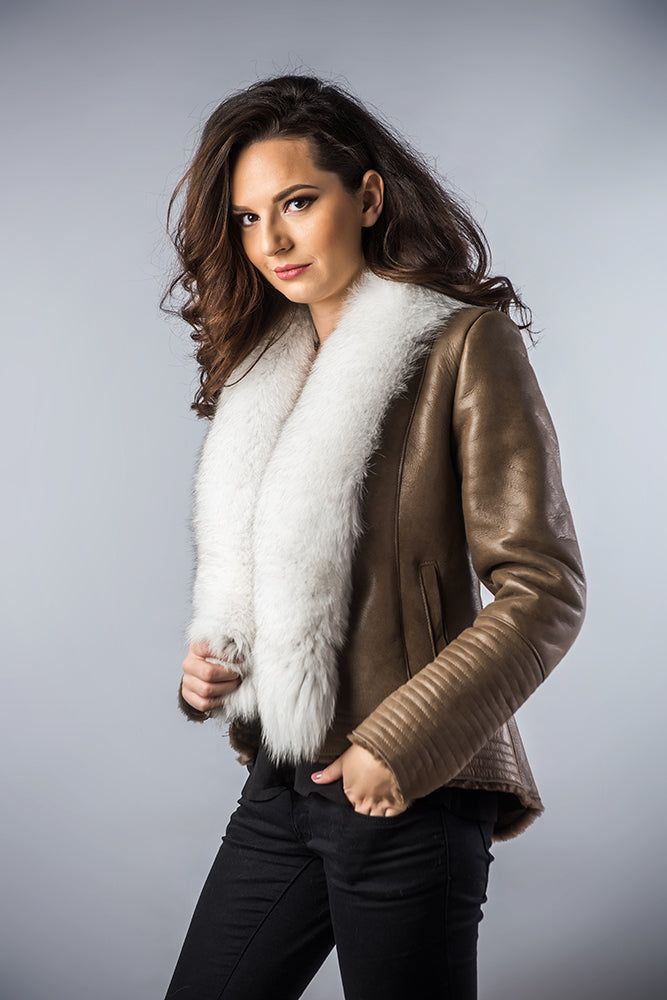 Taupe Merino Shearling Jacket with Arctic Fox Fur Collar-Leather Jackets-Buy Me Fur Ltd-Taupe-S-Lamb Nappa Leather-Urbanheer