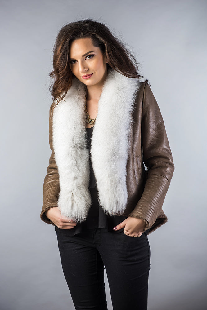 Taupe Merino Shearling Jacket with Arctic Fox Fur Collar-Leather Jackets-Buy Me Fur Ltd-Taupe-S-Lamb Nappa Leather-Urbanheer
