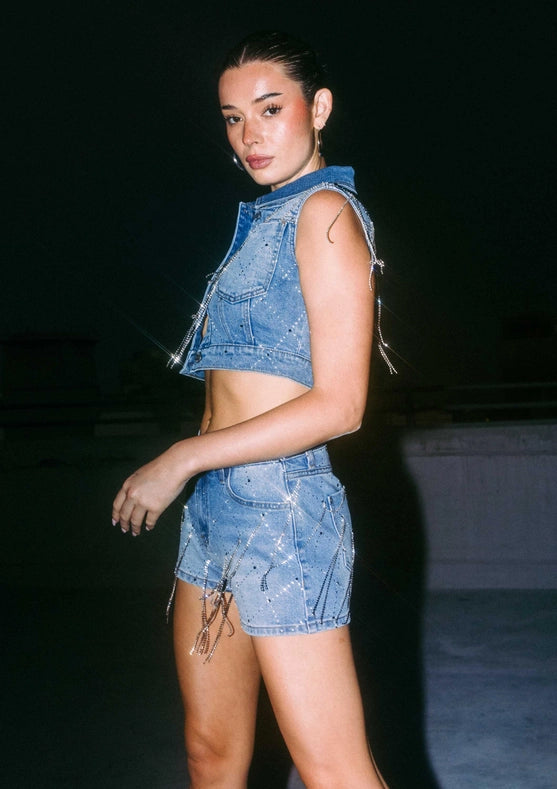 Tear Drop Rhinestone Shorts-Shorts-Vibrant M.i.U-S-Medium Stone-Urbanheer