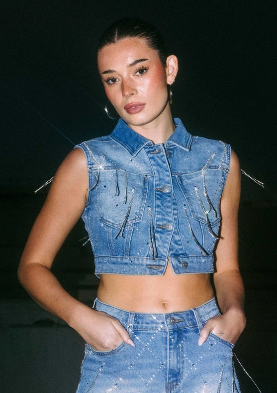 Tear Drop Rhinestone Sleeveless Trucker Jacket-Jacket-Vibrant M.i.U-S-Medium Stone-Urbanheer