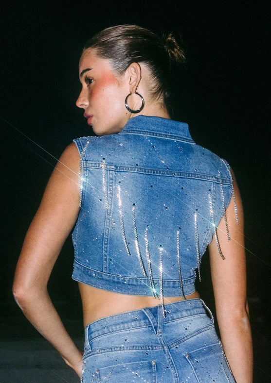 Tear Drop Rhinestone Sleeveless Trucker Jacket-Jacket-Vibrant M.i.U-S-Medium Stone-Urbanheer