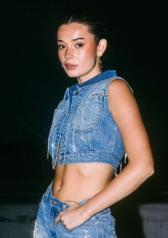 Tear Drop Rhinestone Sleeveless Trucker Jacket-Jacket-Vibrant M.i.U-S-Medium Stone-Urbanheer