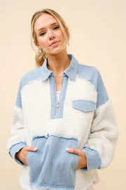 Teddy Denim Mix Media Zip Up Pullover-Pullover-Blue B-S-OFF WHITE-Urbanheer