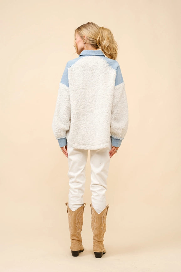 Teddy Denim Mix Media Zip Up Pullover-Pullover-Blue B-S-OFF WHITE-Urbanheer