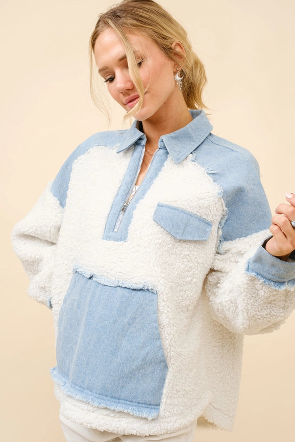 Teddy Denim Mix Media Zip Up Pullover-Pullover-Blue B-S-OFF WHITE-Urbanheer