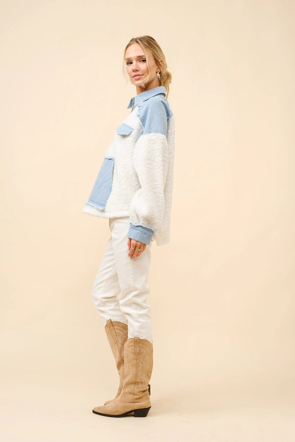 Teddy Denim Mix Media Zip Up Pullover-Pullover-Blue B-S-OFF WHITE-Urbanheer