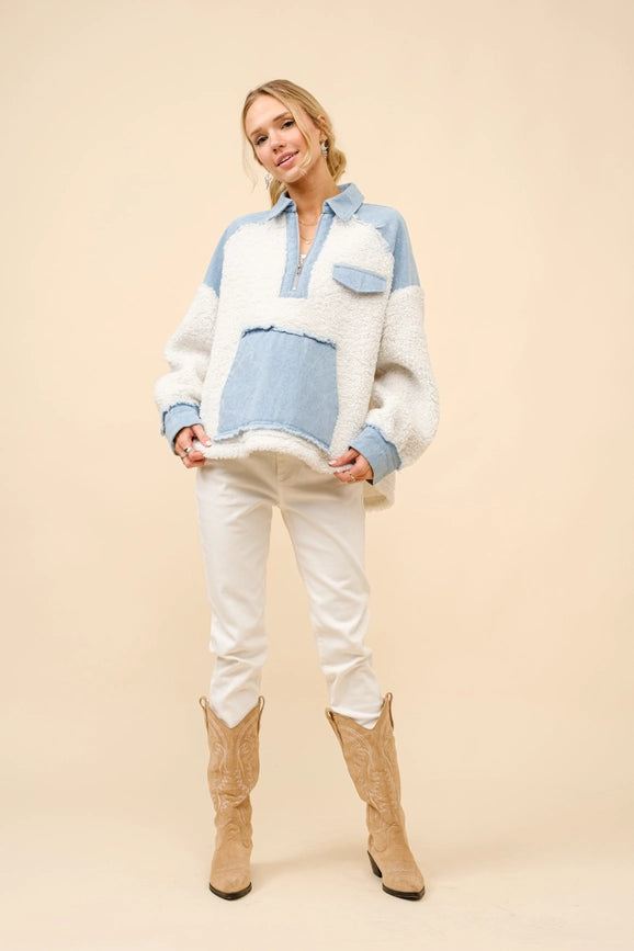 Teddy Denim Mix Media Zip Up Pullover-Pullover-Blue B-S-OFF WHITE-Urbanheer