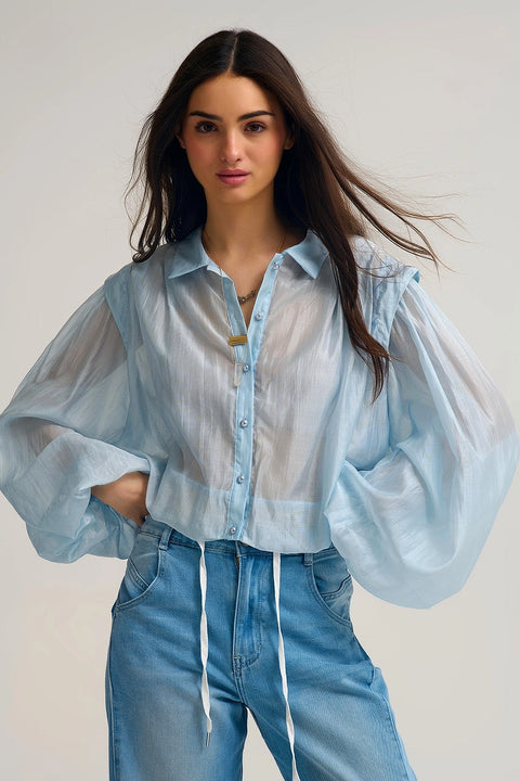 Tencel Silk Blouse in Blue with Balloon Sleeves and Nacar Buttons