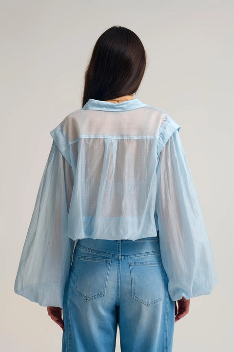 Tencel Silk Blouse in Blue with Balloon Sleeves and Nacar Buttons