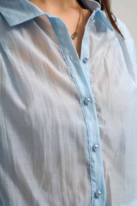 Tencel Silk Blouse in Blue with Balloon Sleeves and Nacar Buttons