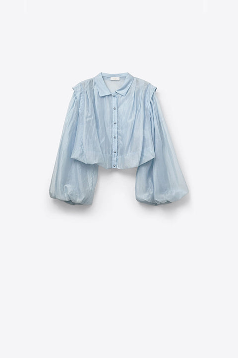 Tencel Silk Blouse in Blue with Balloon Sleeves and Nacar Buttons