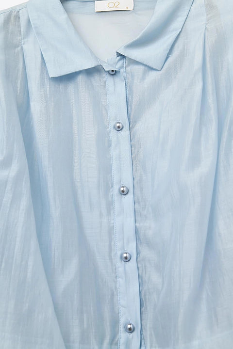 Tencel Silk Blouse in Blue with Balloon Sleeves and Nacar Buttons