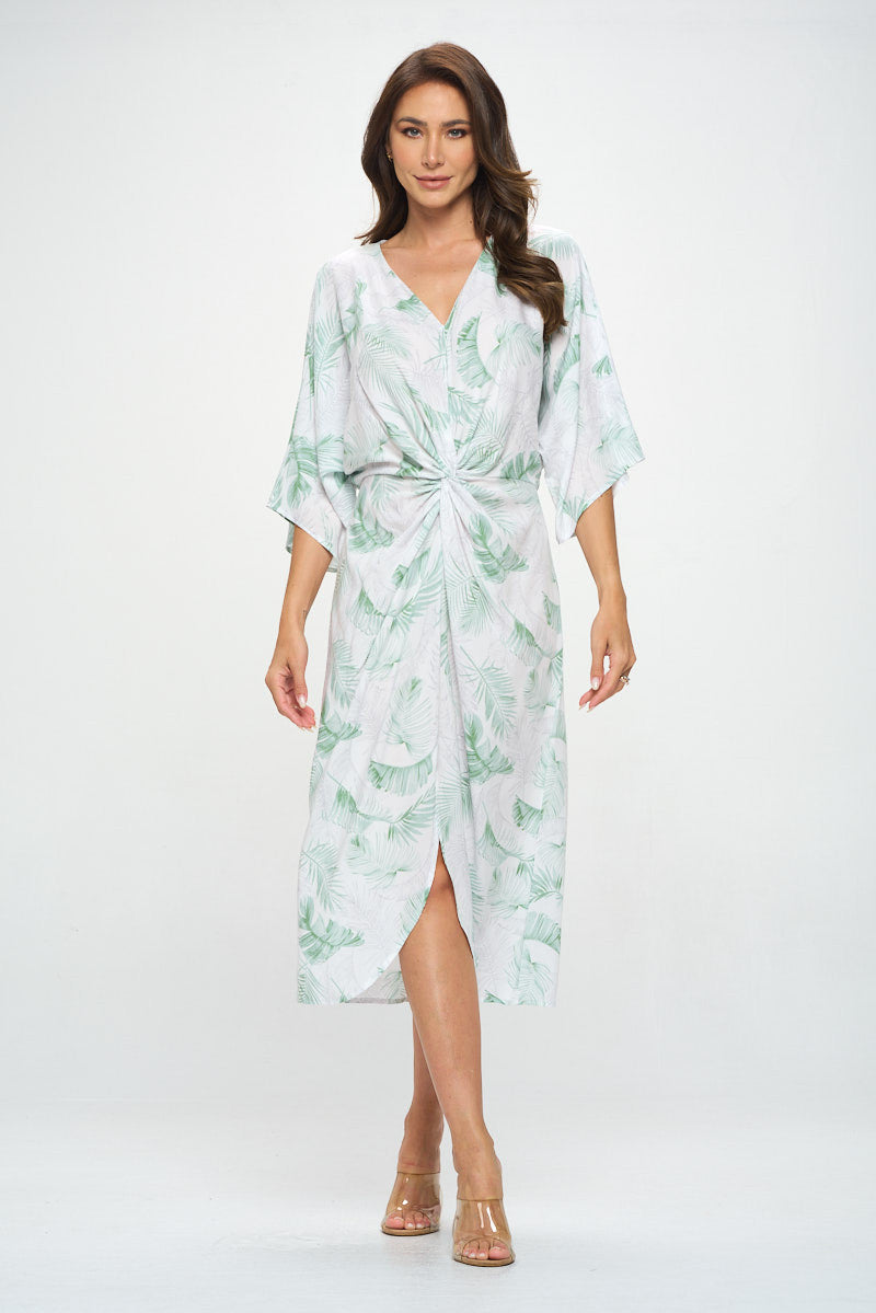 Tencel Tropical Leaf Print Kimono Style Dress with Front Twist-Dresses-Reneecollection-Small-WHITE-Urbanheer