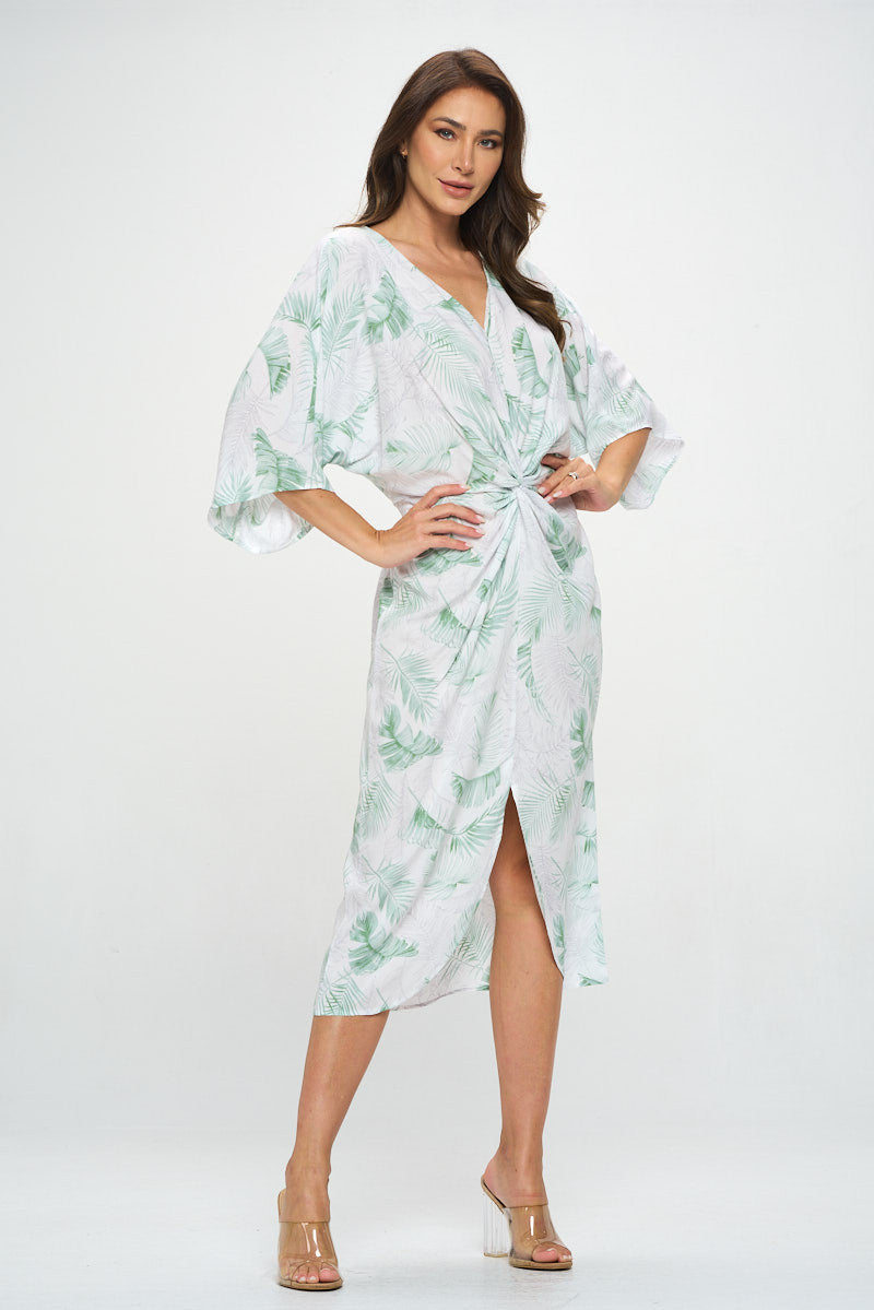 Tencel Tropical Leaf Print Kimono Style Dress with Front Twist-Dresses-Reneecollection-Small-WHITE-Urbanheer