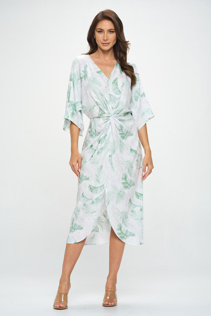 Tencel Tropical Leaf Print Kimono Style Dress with Front Twist-Dresses-Reneecollection-Small-WHITE-Urbanheer