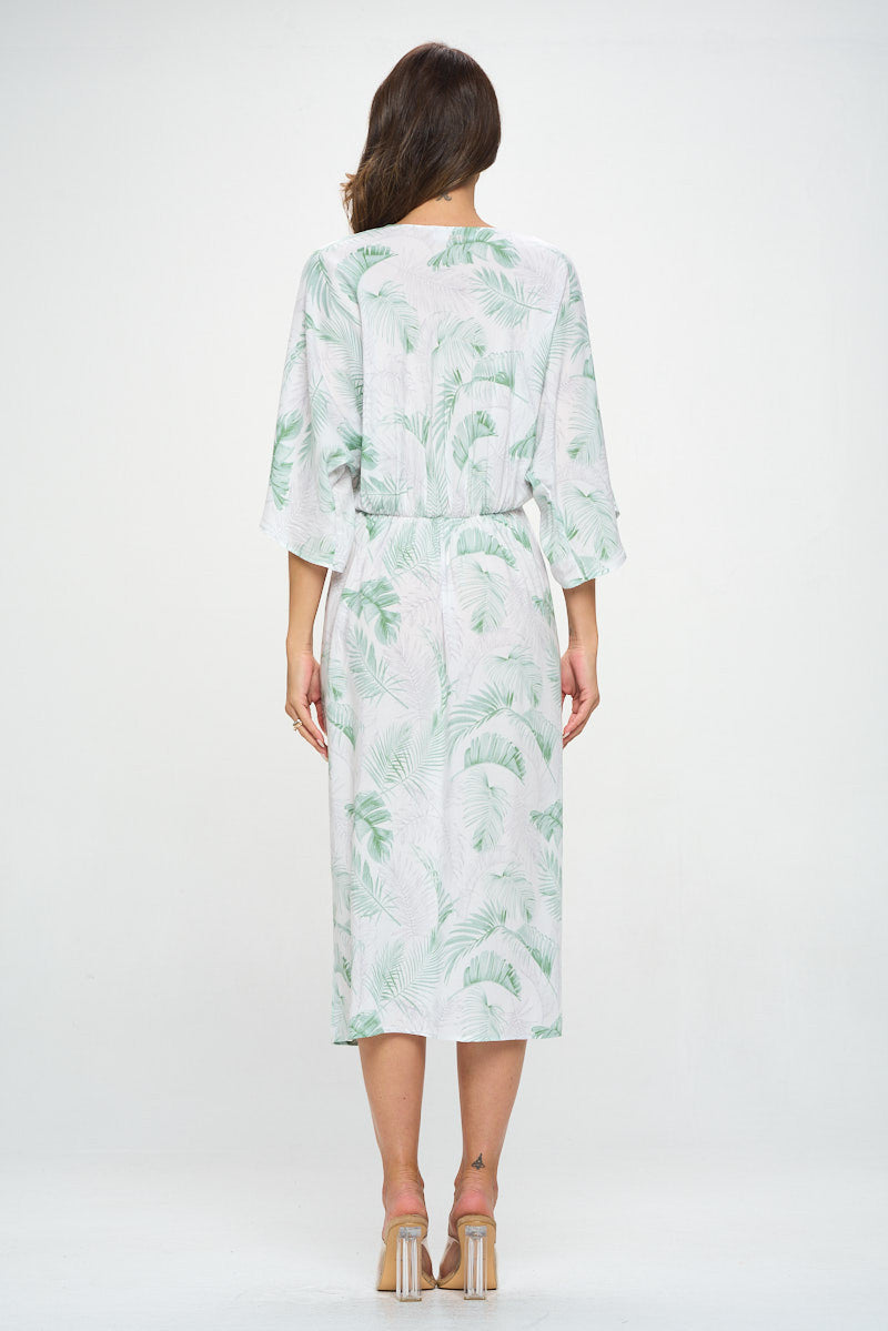 Tencel Tropical Leaf Print Kimono Style Dress with Front Twist-Dresses-Reneecollection-Small-WHITE-Urbanheer