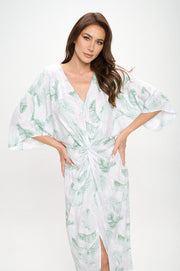 Tencel Tropical Leaf Print Kimono Style Dress with Front Twist-Dresses-Reneecollection-Small-WHITE-Urbanheer