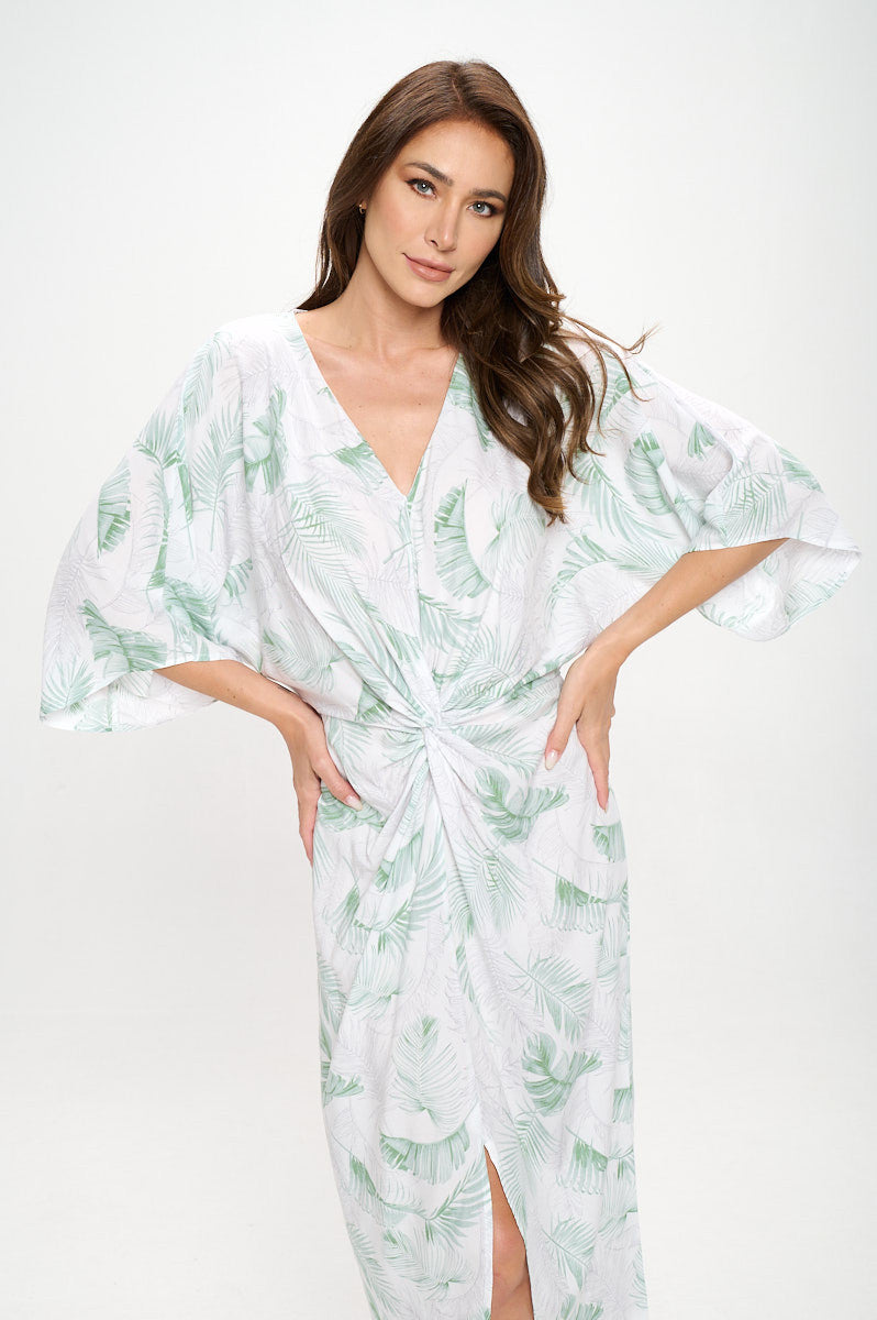Tencel Tropical Leaf Print Kimono Style Dress with Front Twist-Dresses-Reneecollection-Small-WHITE-Urbanheer
