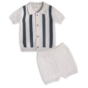 Tennis Collar & Stripe Knit Top & Shorts Set -Organic Cotton Pearl Grey Heather/Navy Stripe-Set-Viverano Organics-3-6M-Pearl Grey Heather/Navy Stripe-Urbanheer