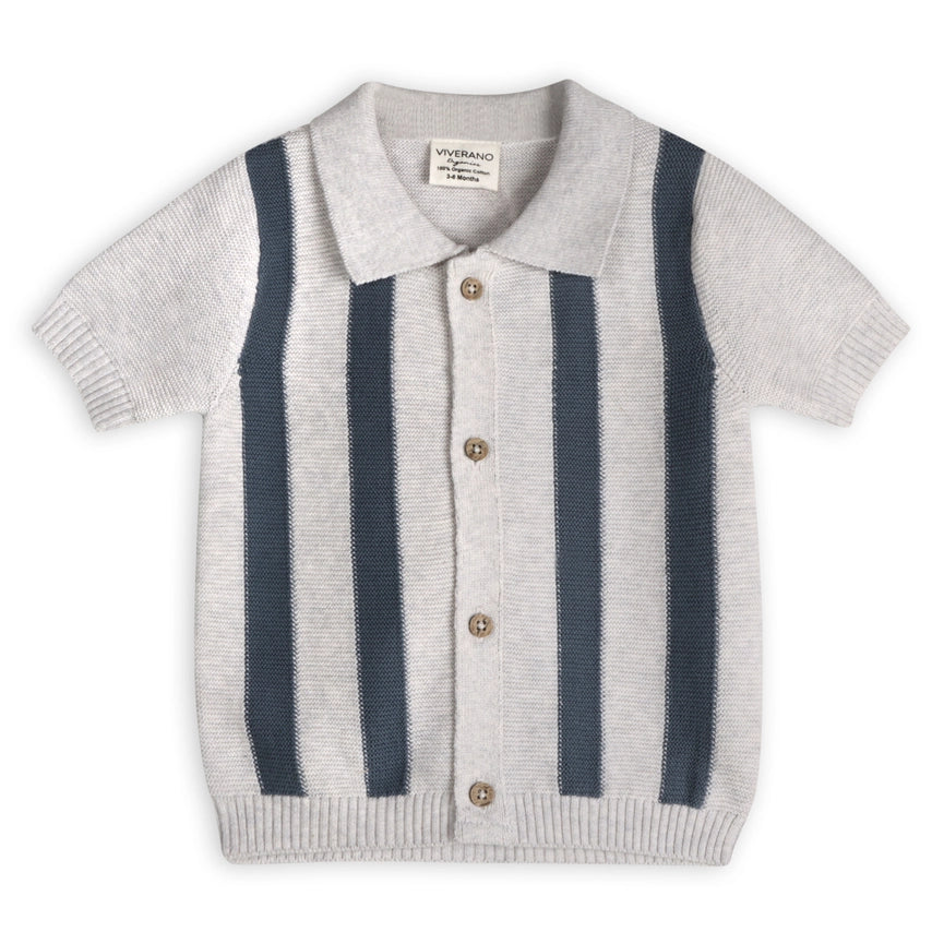 Tennis Collar & Stripe Knit Top & Shorts Set -Organic Cotton Pearl Grey Heather/Navy Stripe-Set-Viverano Organics-3-6M-Pearl Grey Heather/Navy Stripe-Urbanheer