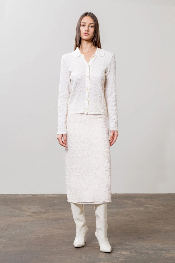 Textured Button Down Lettuce Trim Shirt-Shirt-Moon River-XS-IVORY-Urbanheer