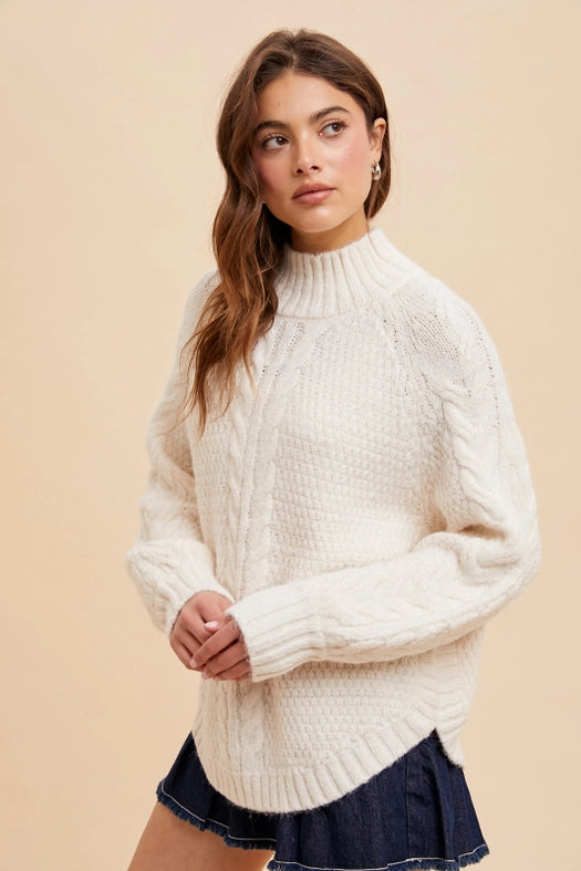 Textured Cable Knit Highneck Sweater IVORY-Sweater-In Loom-S-Urbanheer