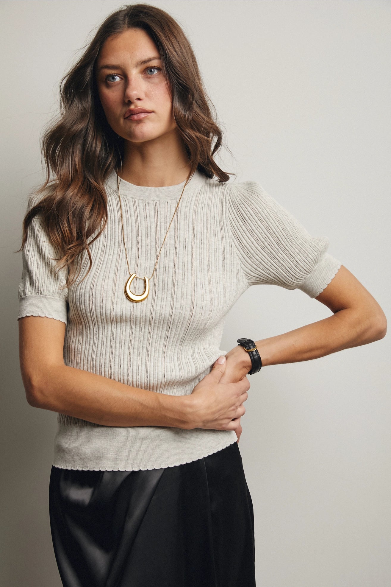 Textured Knit Puff Sleeve Top in Oatmeal