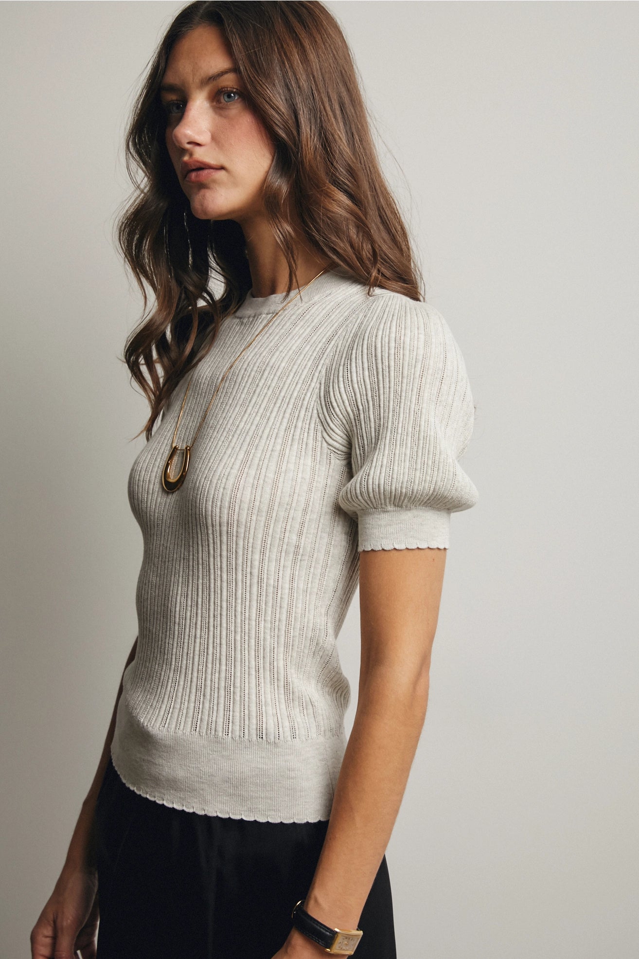 Textured Knit Puff Sleeve Top in Oatmeal