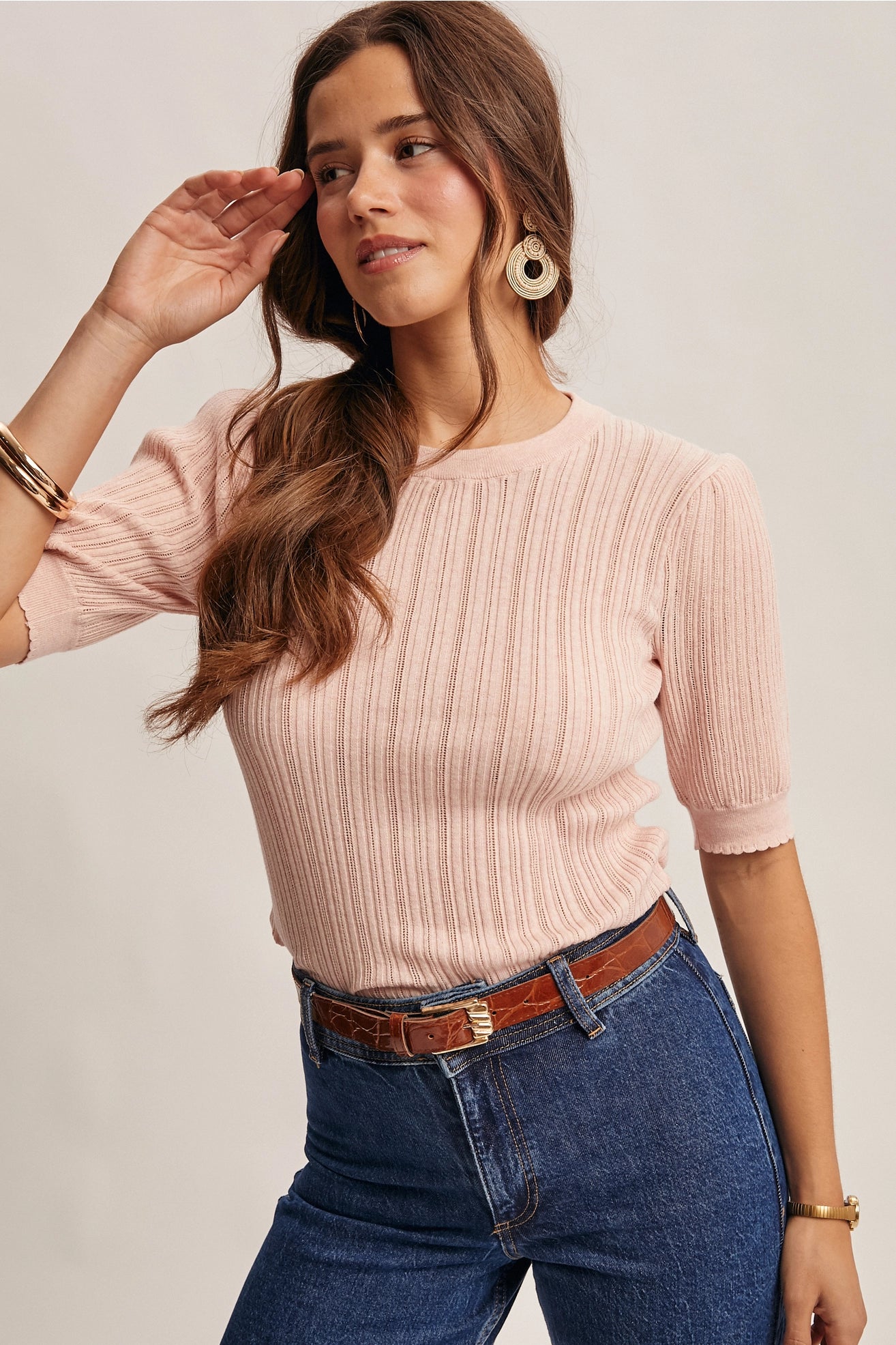 Textured Knit Puff Sleeve Top in Pink