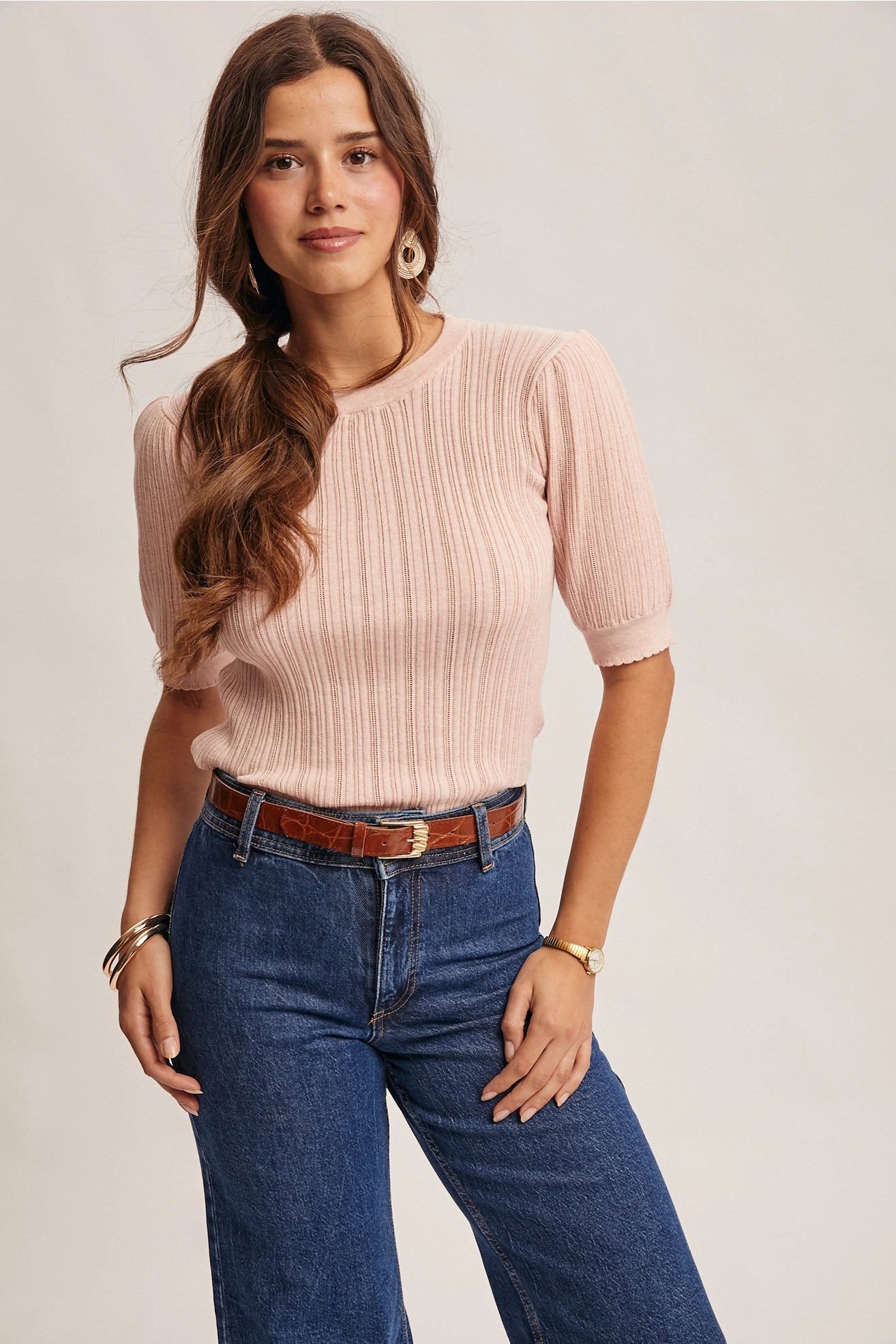 Textured Knit Puff Sleeve Top in Pink
