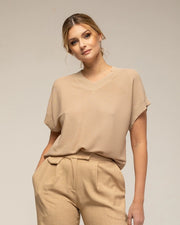 Textured Knit Sweater, V-Neck, and Short Sleeves BEIGE-Sweater-Tantra-S-BEIGE-Urbanheer