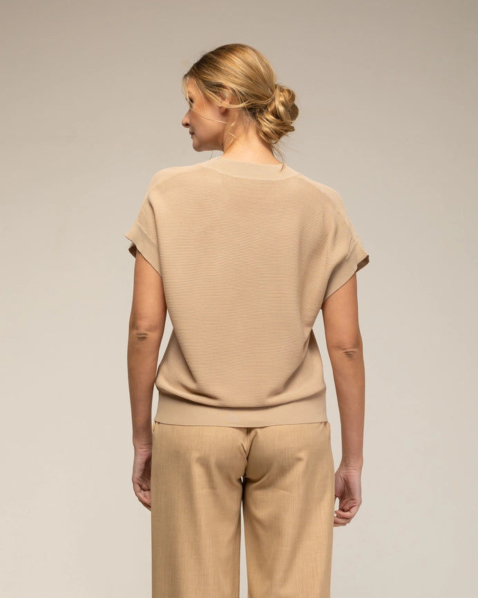 Textured Knit Sweater, V-Neck, and Short Sleeves BEIGE-Sweater-Tantra-S-BEIGE-Urbanheer