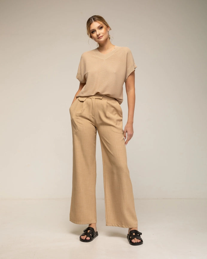 Textured Knit Sweater, V-Neck, and Short Sleeves BEIGE-Sweater-Tantra-S-BEIGE-Urbanheer