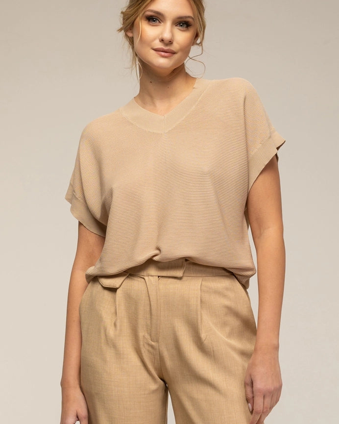 Textured Knit Sweater, V-Neck, and Short Sleeves BEIGE-Sweater-Tantra-S-BEIGE-Urbanheer