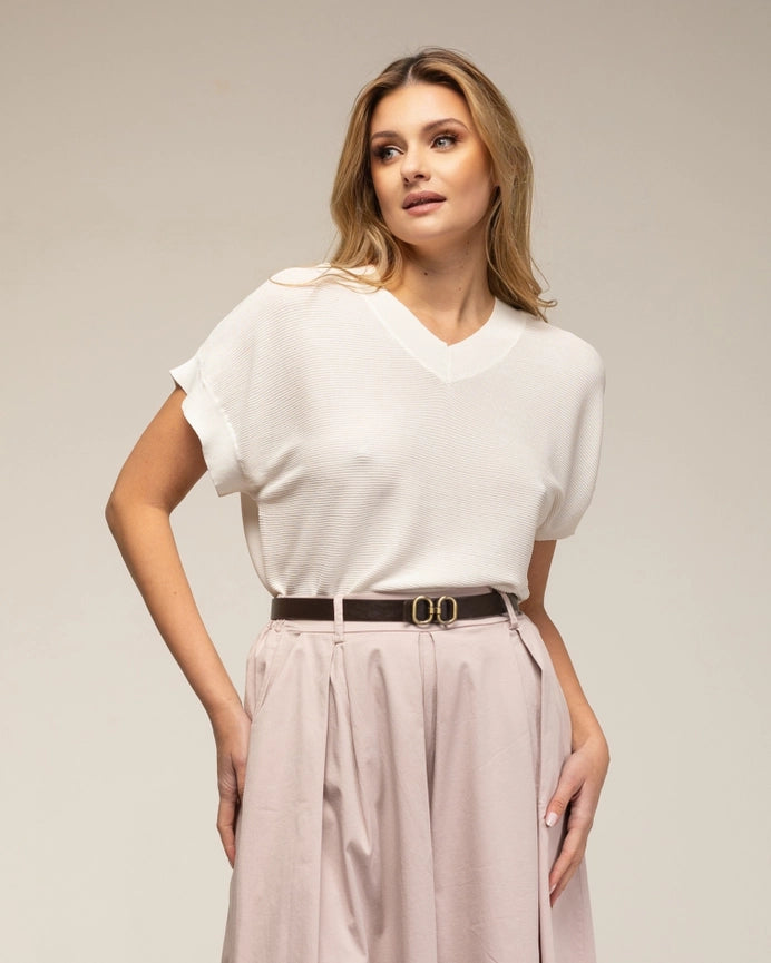 Textured Knit Sweater, V-Neck, and Short Sleeves WHITE-Sweater-Tantra-S-WHITE-Urbanheer