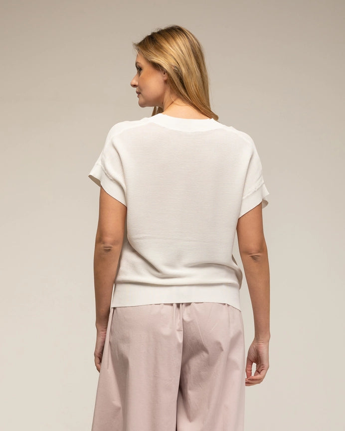 Textured Knit Sweater, V-Neck, and Short Sleeves WHITE-Sweater-Tantra-S-WHITE-Urbanheer