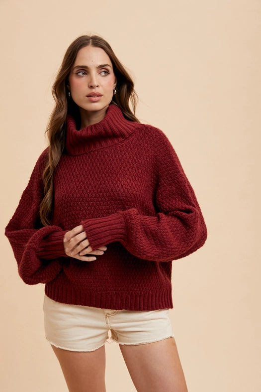 Textured Knitted Turtleneck Sweater MERLOT-Sweater-In Loom-S-Urbanheer
