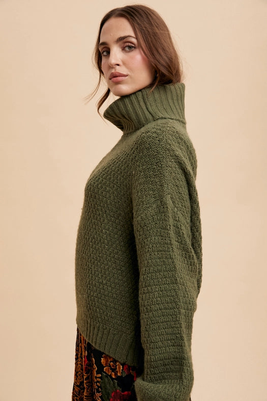 Textured Knitted Turtleneck Sweater OLIVE-Sweater-In Loom-S-Urbanheer