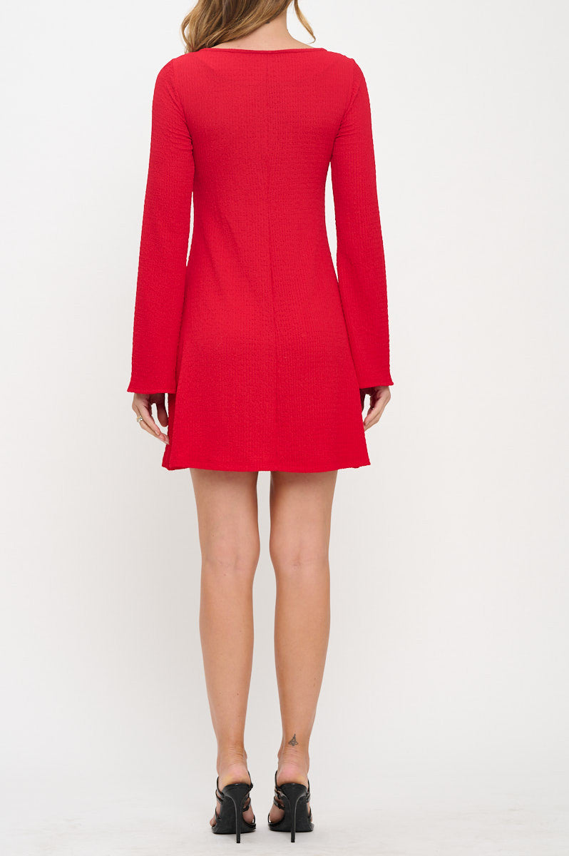 Textured Long Sleeve Round neck Swing Dress-Dresses-Reneecollection-Small-RED-Urbanheer