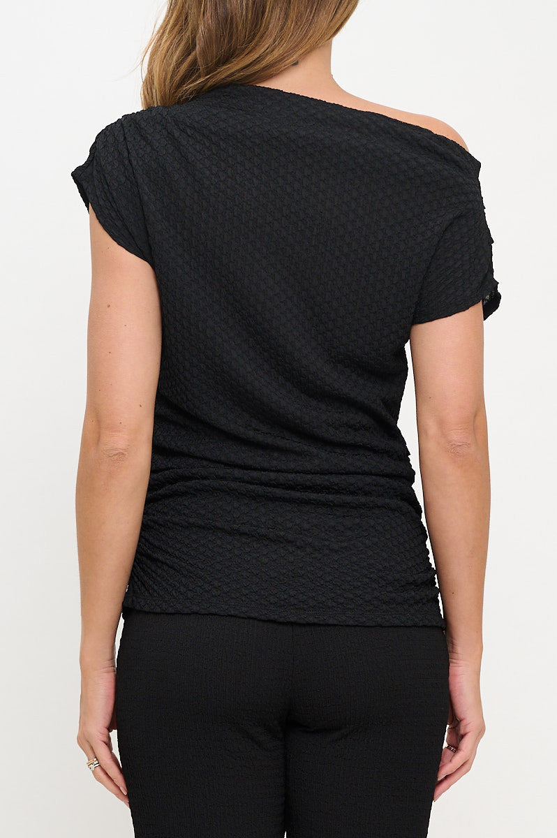 Textured Off the Shoulder Top with Ruched Detail-New Arrival-Reneecollection-Small-BLACK-Urbanheer
