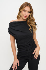 Textured Off the Shoulder Top with Ruched Detail-New Arrival-Reneecollection-Small-BLACK-Urbanheer